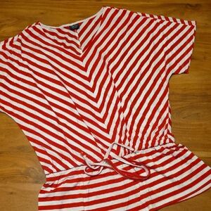 Faded Glory Red & White Striped V-Neck Drawstring Waist Tunic